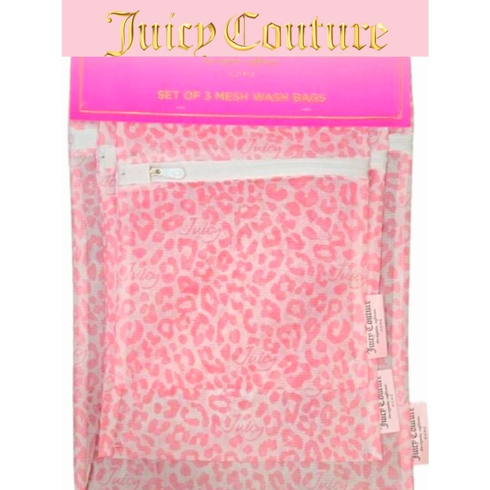 Juicy Couture Home Script Logo Pink Leopord Print Set of 3 Mesh Wash Bags